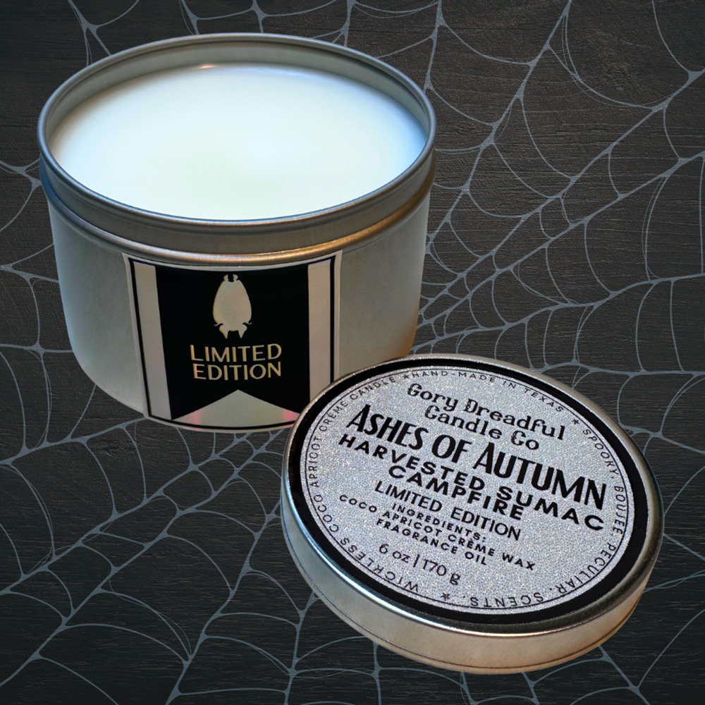 Ashes of Autumn Wickless Candle Tin:  Harvested Sumac Campfire Scent